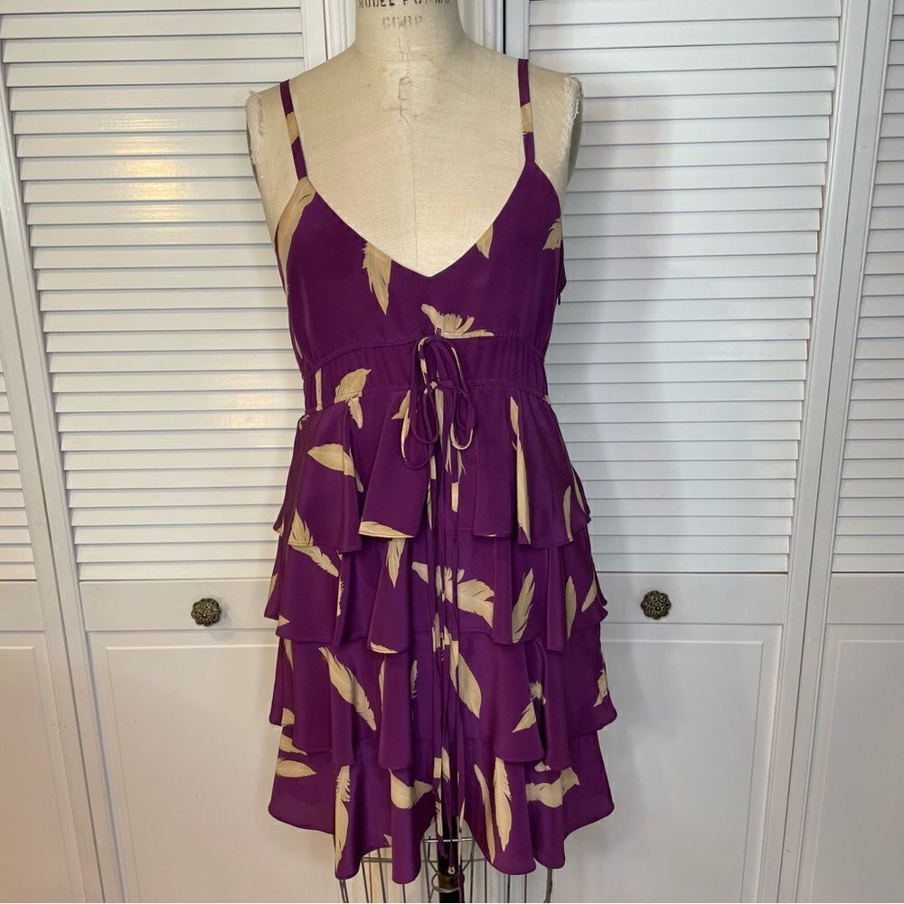 KAREN ZAMBOS Vintage Couture Purple W/Feather Print 100% Silk Ruffled Dress Sz-L